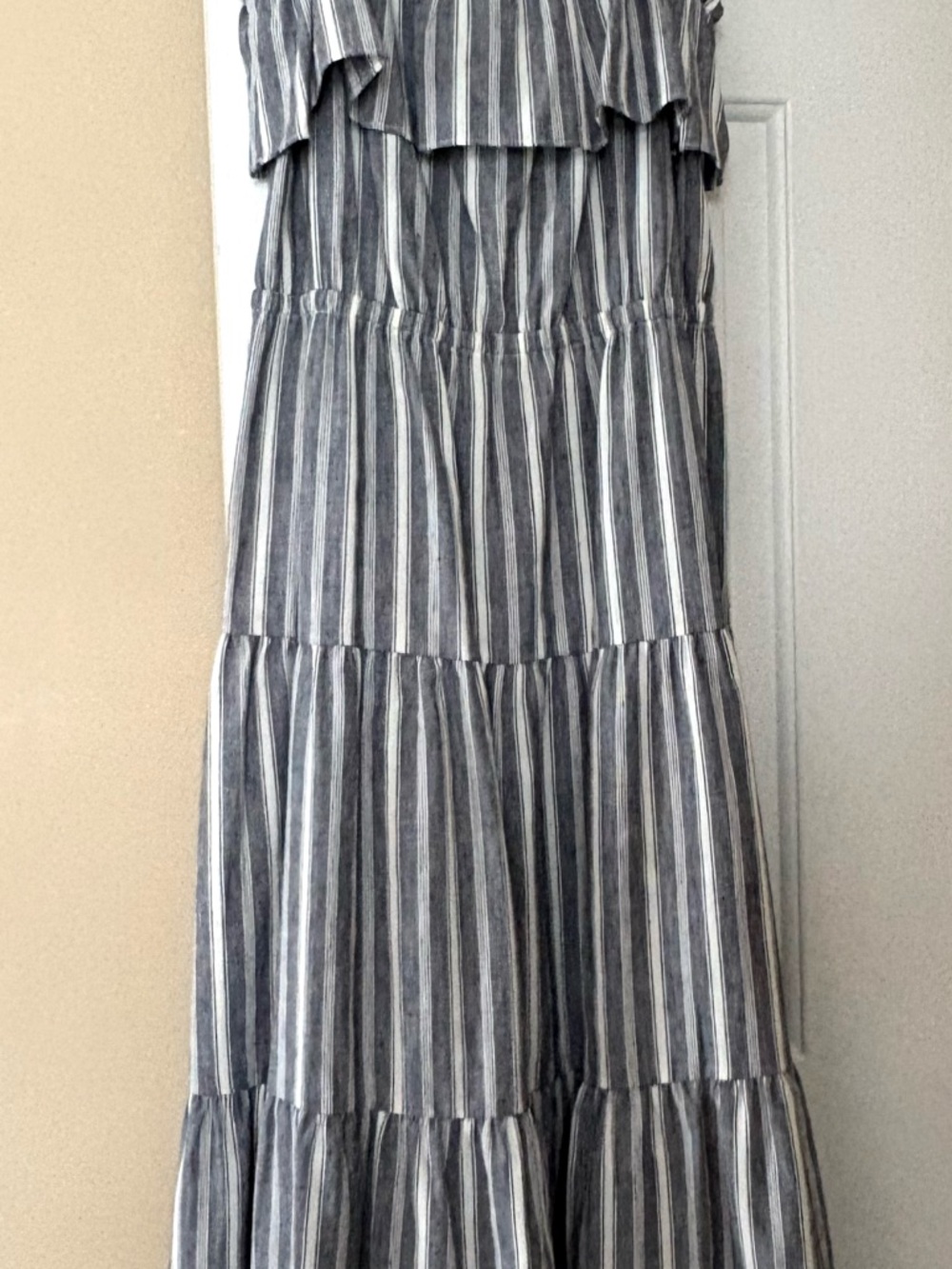 Michael Kors Gray and White Striped Tiered Maxi Skirt